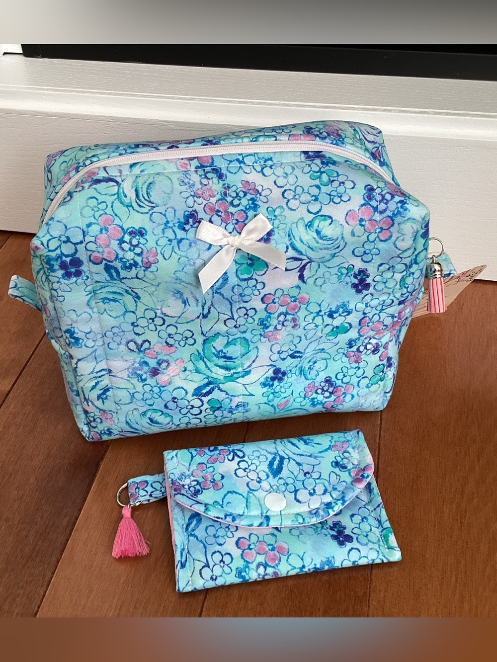 Handmade storage/makeup bag with matching accessory pouch.